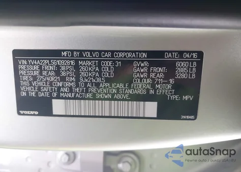 2016 Volvo Xc90 T6 Inscription z USA, uszkodzony, nr VIN YV4A22PL5G1092816